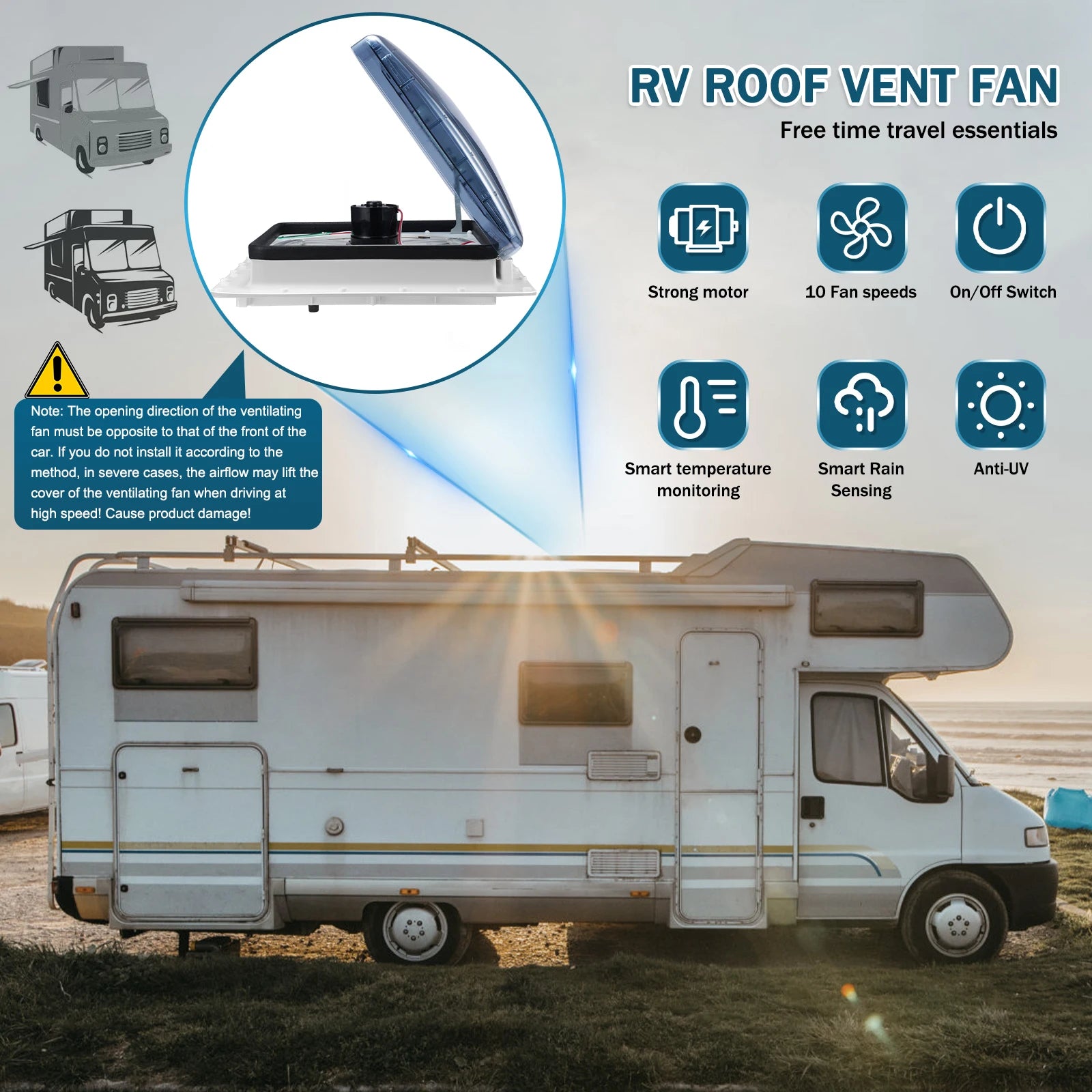Elektrische Dakventilator – Camper Ventilator – Caravan Ventilator – Dakventilator 40x40 Cm – Regenbestendig – 10 Snelheden - QUORE
