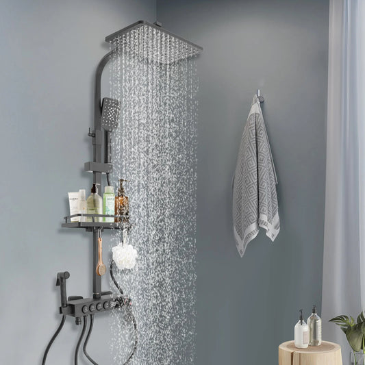 Douche - Regendouche - Douchewand - Douchekolom - Douchepanelen - Thermostatische Douchekraan Set - Slimme Digitale Display Douche met Verstelbare Hoogte (85-120 cm) & 4 Watermodi - Zwart