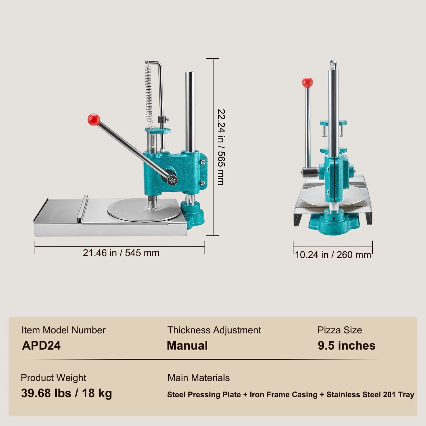 Handmatige Deegpers – Pizzapers – Deegroller – Bodemvormer – Roestvrij Staal – 24 Cm Diameter – Hefboomsysteem
