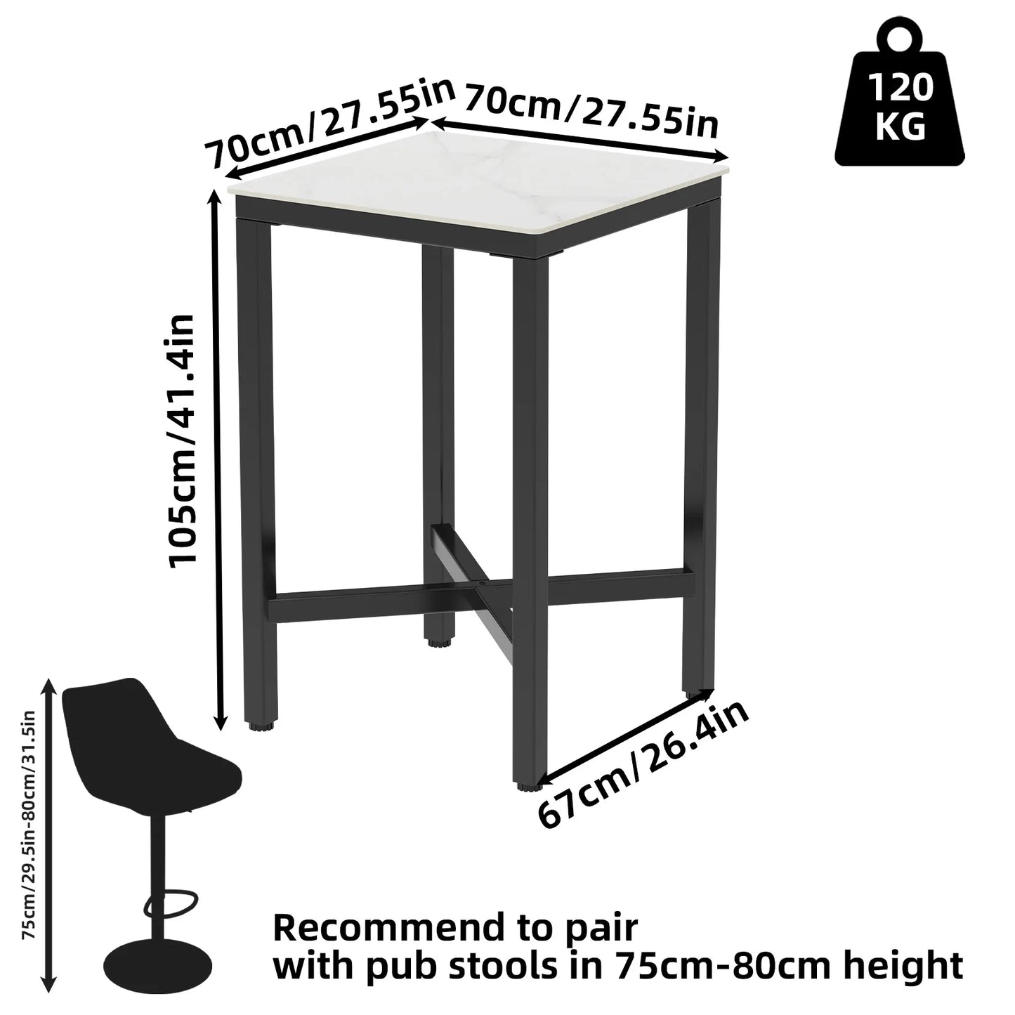 Upscale Tall Bar Table Square Marble Top Kitchen Restaurant Counter Pub Club Cocktail Table 3 Colors