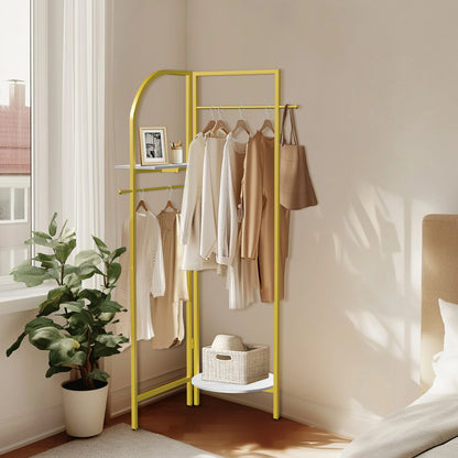 Gouden Hoekkledingrek - Stevig Vrijstaand Kledingrek - Metalen Kapstok voor Hal en Slaapkamer - Robuust Gouden Kledingrek - Hoekkast met Planken - Ideaal voor Woonkamer