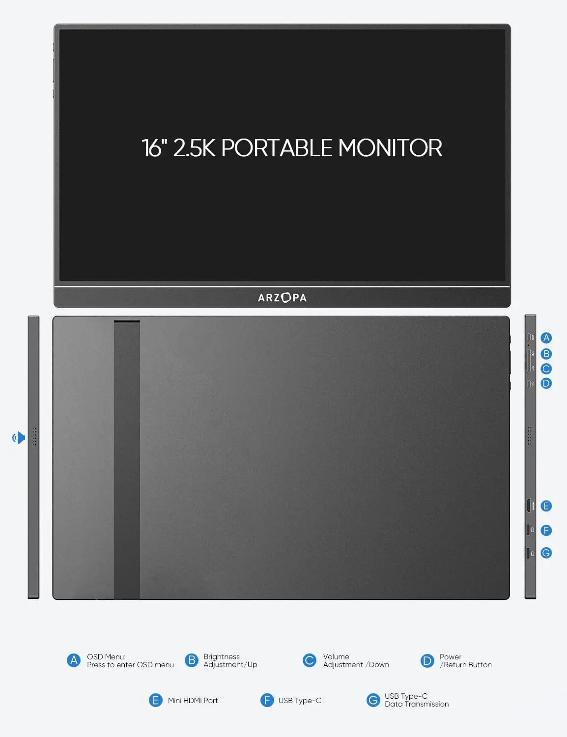 16 Inch Draagbare Monitor – Extern Scherm – Mini Beeldscherm – Tweede Scherm – Gaming Monitor – IPS Scherm – 2.5K Resolutie – Aluminium Behuizing - QUORE