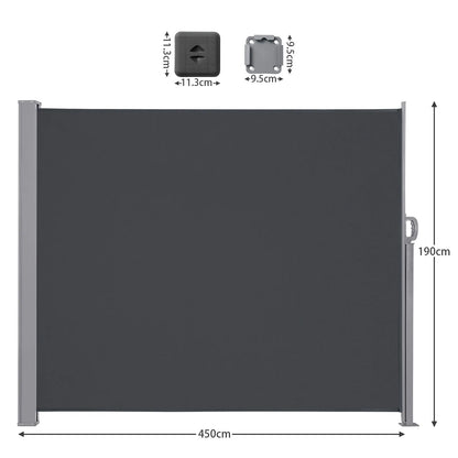 Uitschuifbaar Zijscherm – Balkonscherm – Windscherm – Privacy Scherm – Waterafstotend Doek – Robuust Metalen Frame - 190x450cm - Grijs