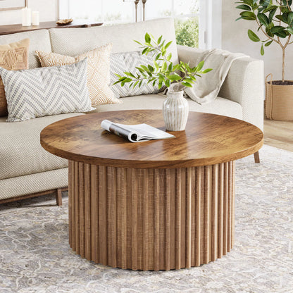 Ronde Salontafel – Bijzettafel – Koffietafel – Woonkamertafel – Houten Tafel – Warm Houtfineer – 80 cm Diameter – Geprofileerde Trommelvoet