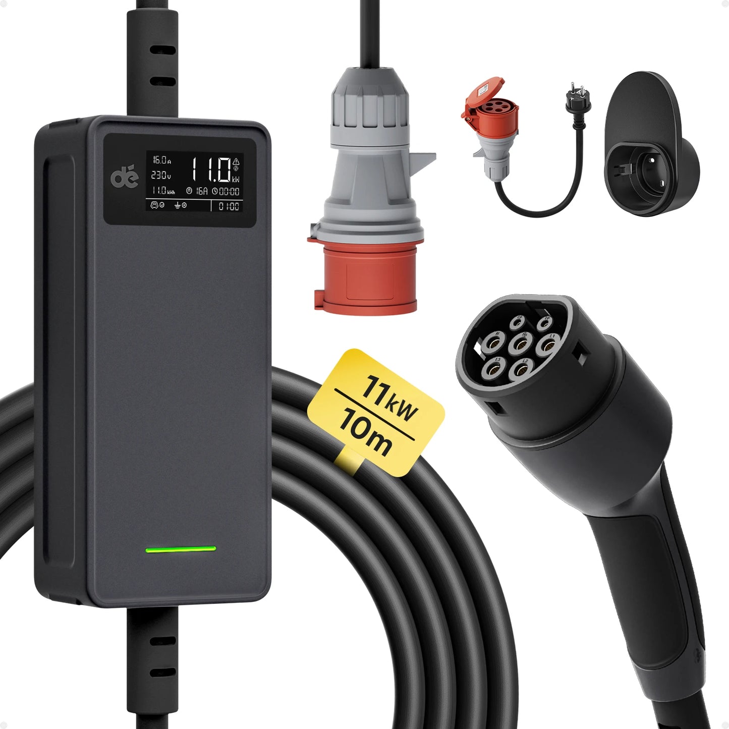Mobiele Ev-Lader – Elektrische Auto Lader – Oplaadstation – Type 2 Oplader – Cee-Red Plug – 11 KW 16A 3-Fase – 10 Meter Kabel – Instelbare Stroomsterkte & Weerbestendig IP65