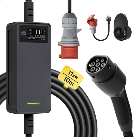 Mobiele Ev-Lader – Elektrische Auto Lader – Oplaadstation – Type 2 Oplader – Cee-Red Plug – 11 KW 16A 3-Fase – 10 Meter Kabel – Instelbare Stroomsterkte & Weerbestendig IP65