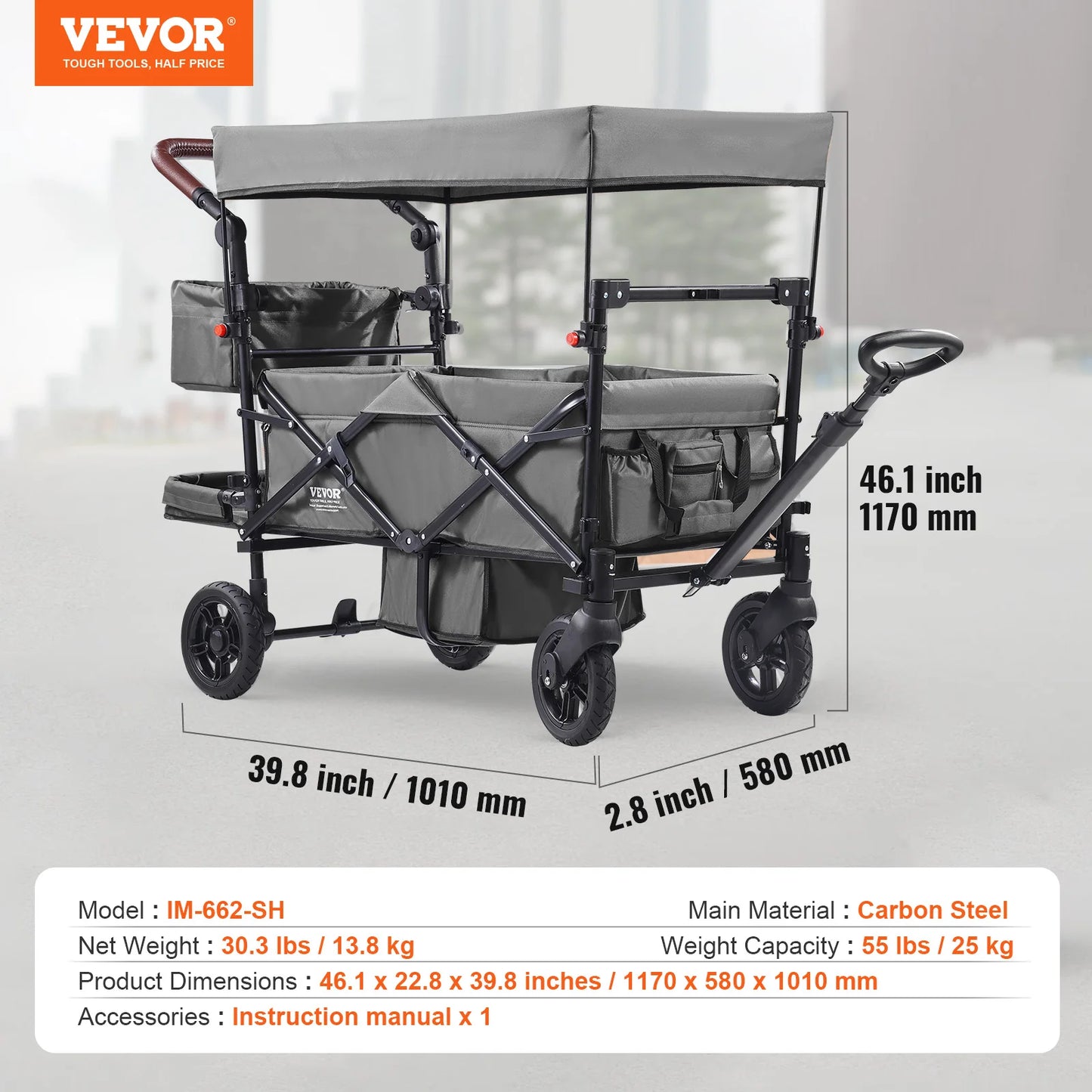 VEVOR Wagon Stroller for 2 Kids Push Pull Quad Collapsible Stroller with Adjustable Handle Encircling Harness Removable Canopy
