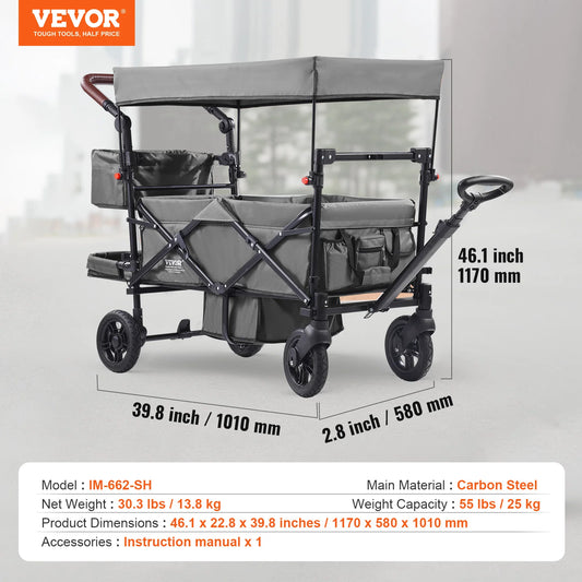 VEVOR Wagon Stroller for 2 Kids Push Pull Quad Collapsible Stroller with Adjustable Handle Encircling Harness Removable Canopy
