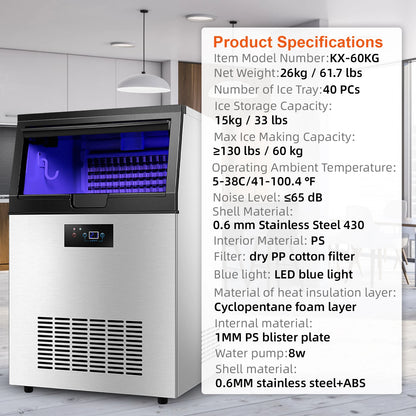 IJsMaker – IJsblokjesmachine – IJsblokjesmaker – Professionele IJsmachine – 60 Kg Per Dag – Instelbare Ijsdikte – Stil En Energiezuinig