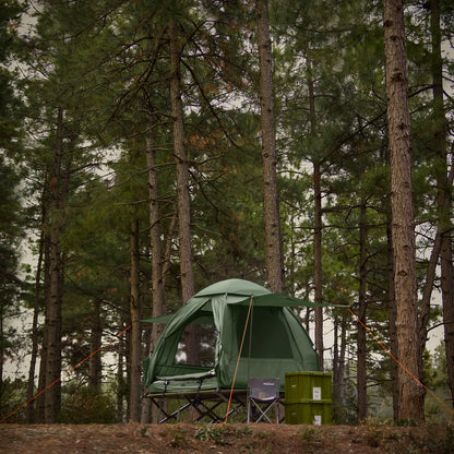 Kampeerpakket 4-in-1 – Tent – Campingbed – Luchtmatras – Slaapzak – Voor 2 Personen – Waterdicht Polyester – Stevig Metalen Frame - QUORE