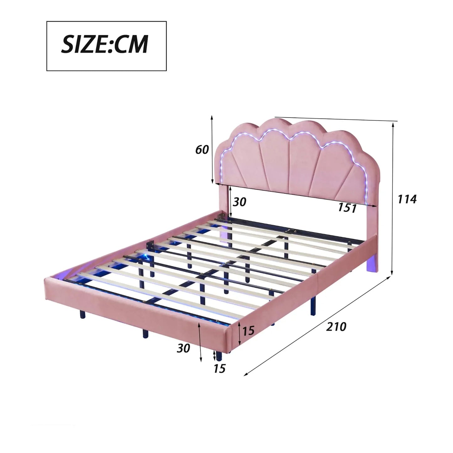 Bed – Fluwelen Bed – Modern Bed – Verlicht Bed – Zwevend Bed – LED Verlichting – Draaggewicht 250 Kg