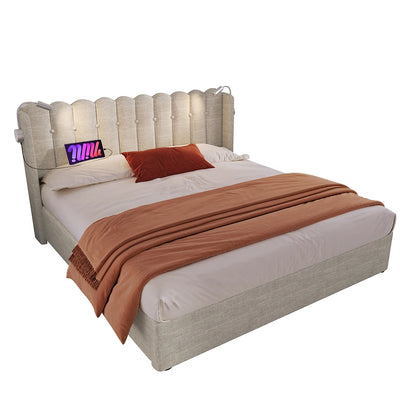 Bed – Slaapbed – Opbergbed – Linnen Bed – Houten Bed – 160x200 cm – Opklapbare Lattenbodem Met Gasveren – Geïntegreerde Leeslamp Met USB-oplaadpoort - QUORE