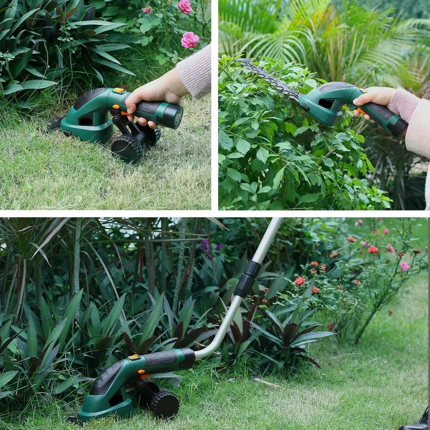 2 in 1 Accuheggenschaar - Tuingereedschap - Struiktrimmer - 17cm Zwaardlengte - met Verlengstok - Wielen - Adapter - voor het Snijden - Trimmen - Nauwkeurige Snit - 1.5Ah - 1100rpm - 7.2Vdc - Groen