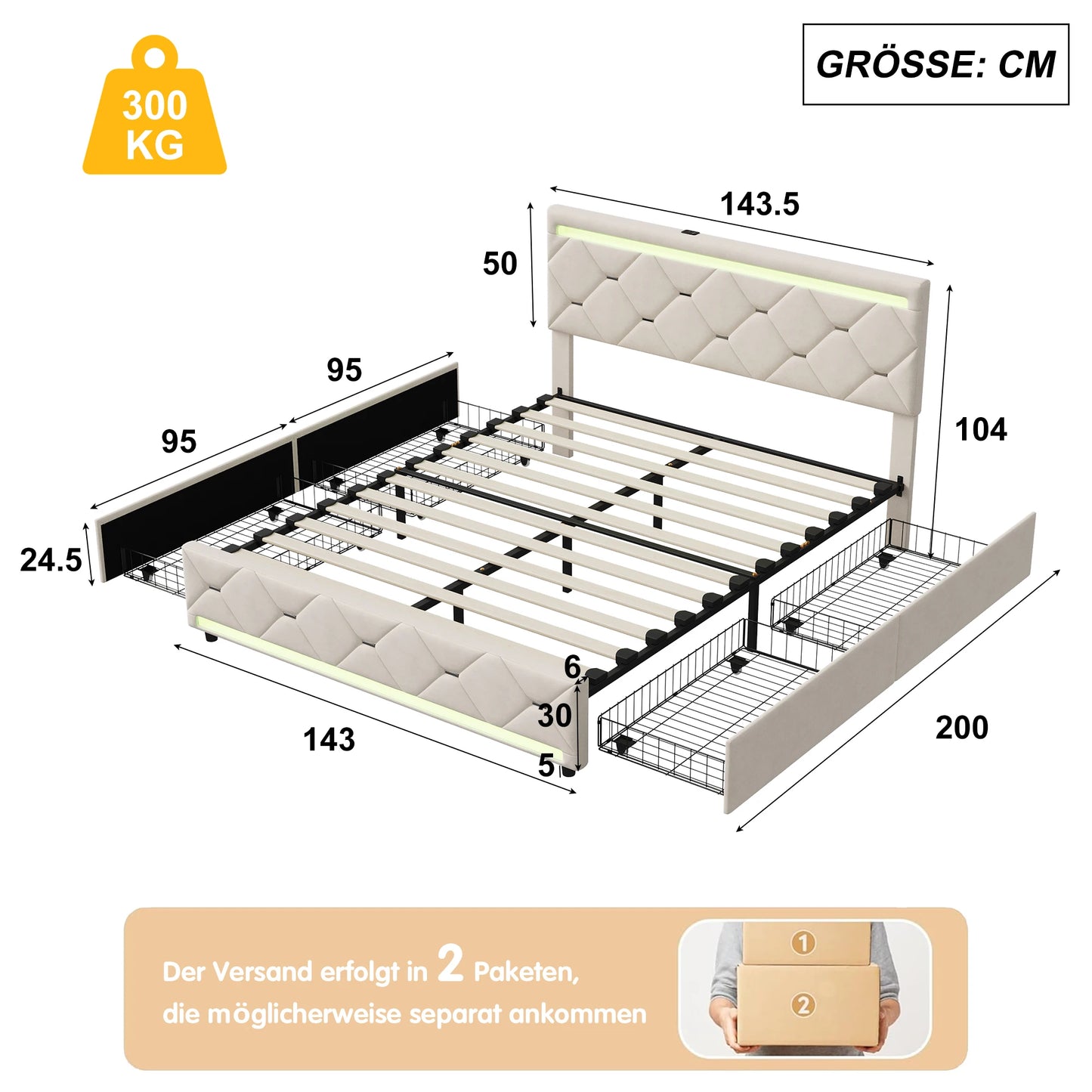 Tweepersoonsbed – Bed – Slaapbank – Opbergbed – Fluwelen Bed – 140x190 cm – Hydraulische Opbergruimte – Verstelbare LED-verlichting & USB-poorten