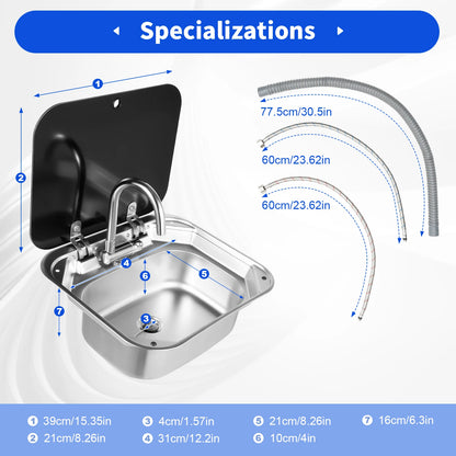 Spoelbak – Compacte Spoelbak – Camper Spoelbak – Kleine Keuken Spoelbak – Roestvrij Staal – Gehard Glas – Inklapbare Kraan