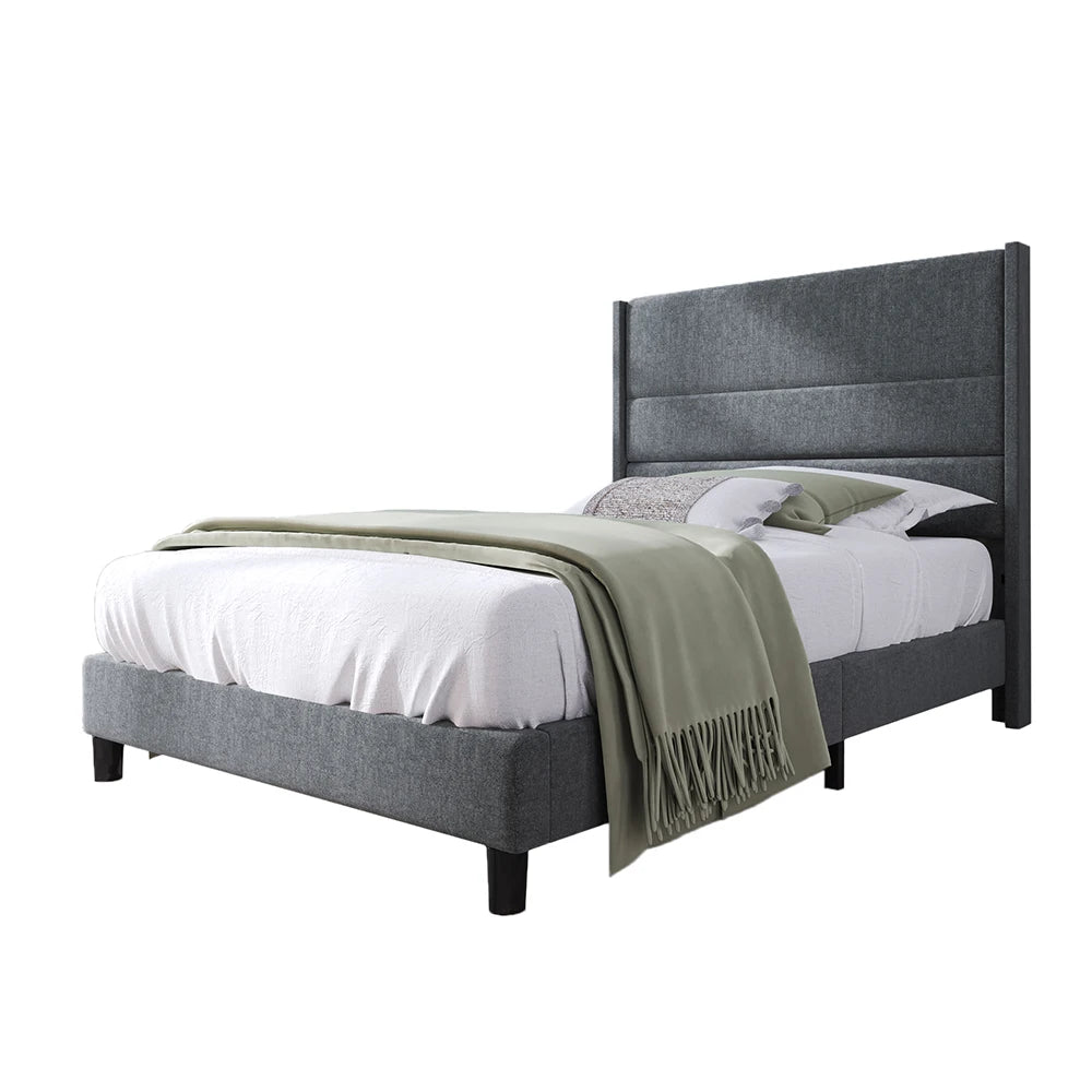 Bed 90x200 cm – Eenpersoonsbed – Slaapbank – Bedframe – Gestoffeerd Bed – Donkergrijs Linnen – Gestoffeerd Hoofdbord – Stevig Metalen Frame - QUORE