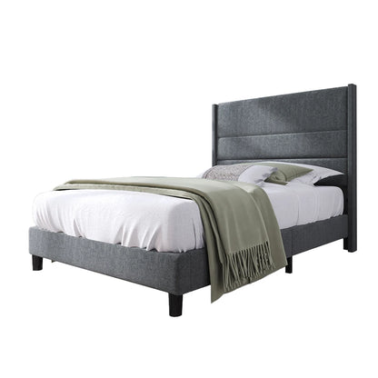 Bed 90x200 cm – Eenpersoonsbed – Slaapbank – Bedframe – Gestoffeerd Bed – Donkergrijs Linnen – Gestoffeerd Hoofdbord – Stevig Metalen Frame - QUORE