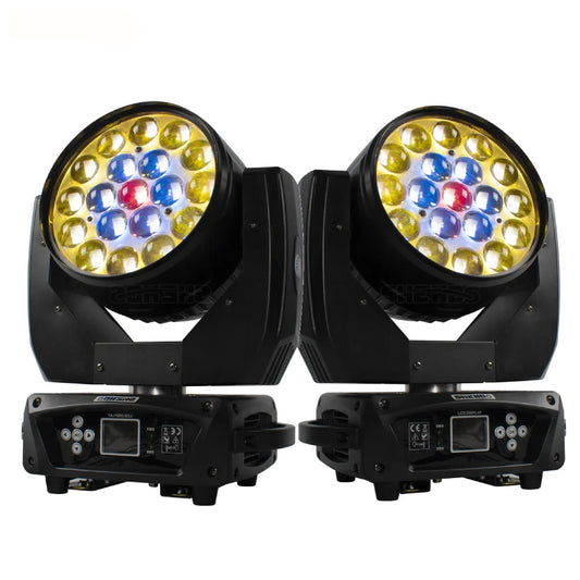 LED Wash Moving Head – LED Beam Verlichting – Stage Licht – DJ Licht – Disco Lamp – 2pcs EU Plug – 19x15W RGBW LEDs – Zoomfunctie 10°-60° - QUORE