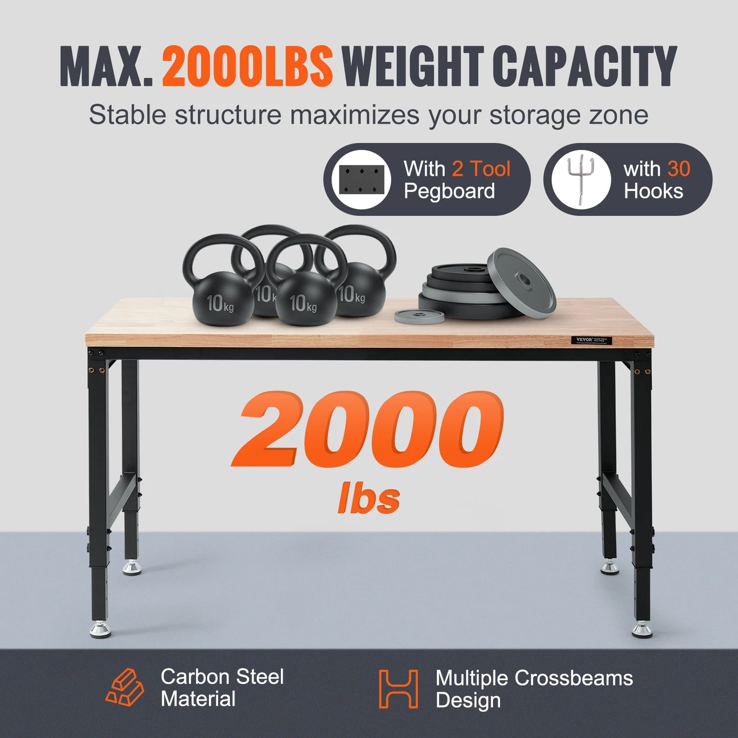 Werkbank – Werktafel – Werkbankje – Werkplek – Verstelbaar 71-100 Cm – Draagkracht 2000lbs – Massief Rubberhout