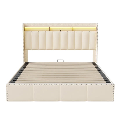 Opbergbed – Opbergboxspring – Gestoffeerd Bed – Bed Met Lade – Velvet Hoofdbord – LED Verlichting – USB Poorten - 160 x 200 cm - Beige