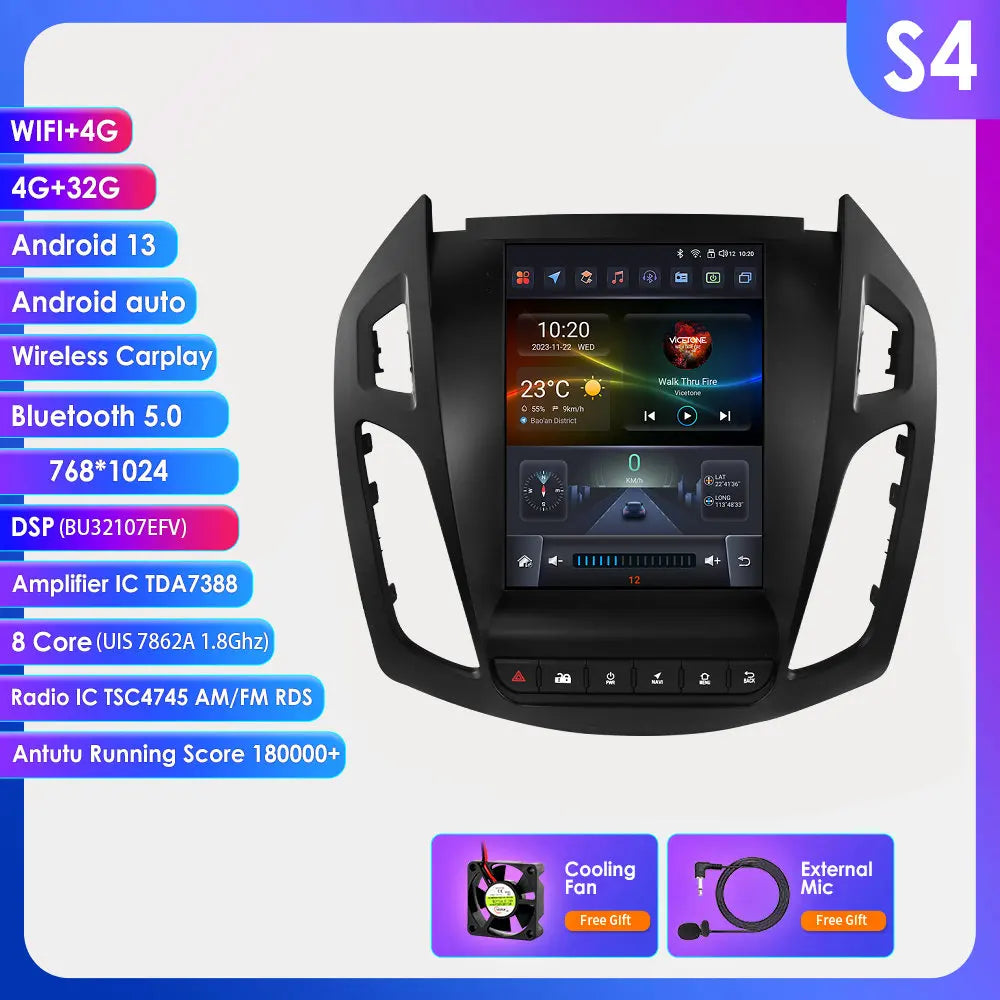 360° Camera – Auto Multimedia Unit – Navigatiesysteem – Touchscreen Radio – Draadloze CarPlay – 9,7 Inch – Android 13 – 4G Connectiviteit – Ford Transit / Tourneo Connect 2013-2018 – 8-Core Processor – Surround View Camera