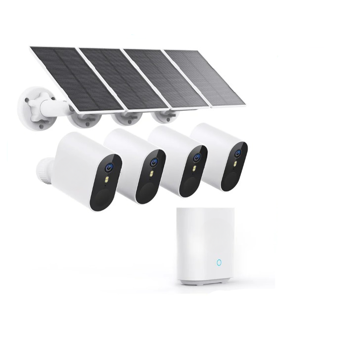 Beveiligingscamera - 5MP - Camerabewaking - Draadloos - voor Buiten - 4 Stuks - met Zonnepaneel - Nachtzicht - Humanoïde detectie - Tweerichtingsaudio - 4CH - NVR Recorder - Wit