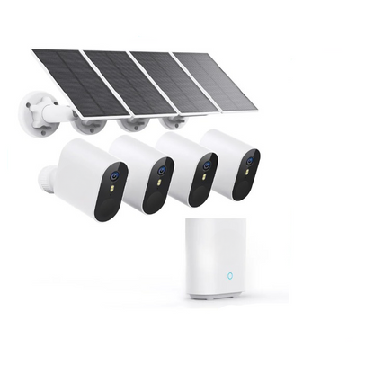 Beveiligingscamera - 5MP - Camerabewaking - Draadloos - voor Buiten - 4 Stuks - met Zonnepaneel - Nachtzicht - Humanoïde detectie - Tweerichtingsaudio - 4CH - NVR Recorder - Wit