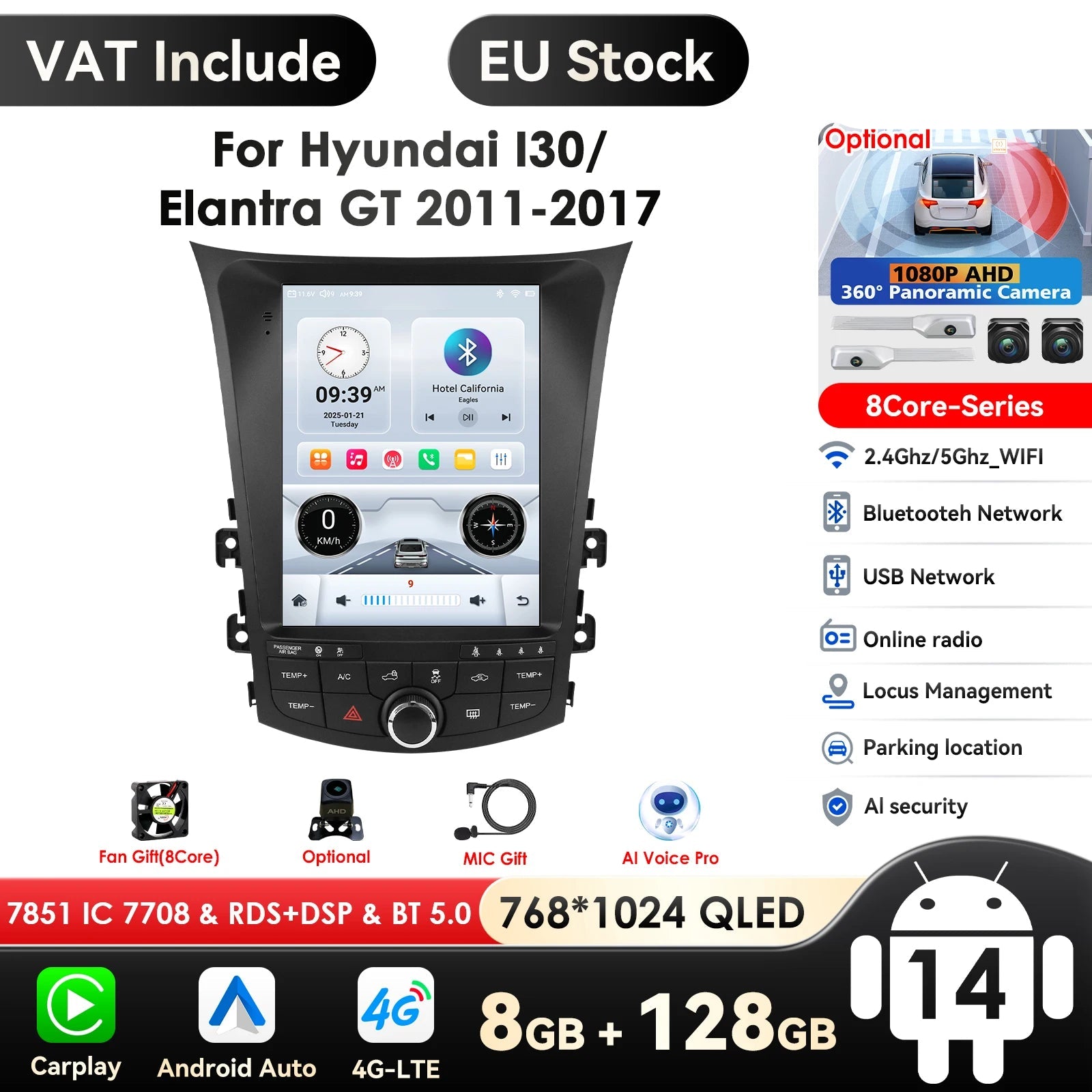 Multimedia Autoradio – 2-DIN Radio – Android Autoradio – GPS Navigatie – 9,7 Inch QLED Touchscreen – Android 14 Besturingssysteem – Draadloos CarPlay & Android Auto - QUORE