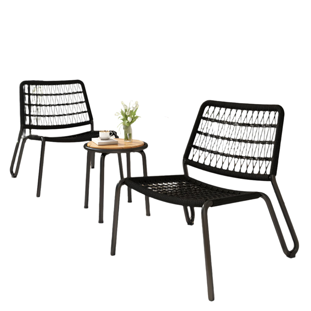 Balkonset – Balkonmeubelset – Tuinset – Terrasmeubels – Verzend Staal Frame – UV-Bestendig Rope – Massief Acaciahouten Tafel - Capaciteit 160kg - Zwart