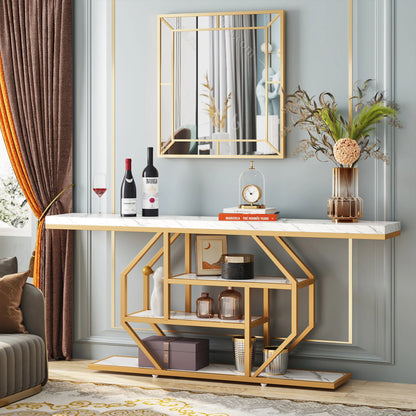 Sidetable – Extra Lange Tafel – Haltafel – Banktafel – Opbergmeubel – Marmerlook Blad – 3 Open Planken