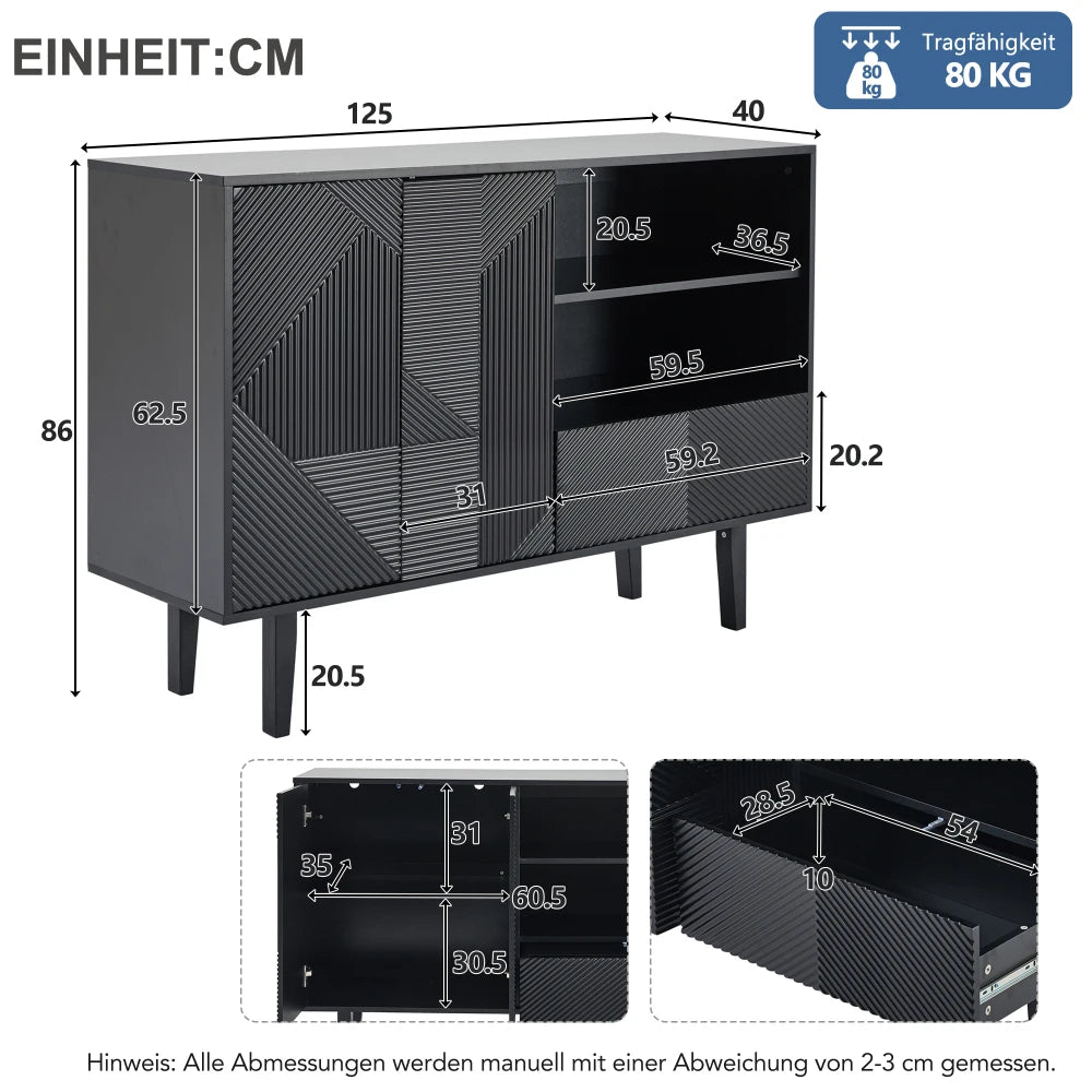 Sideboard – Opbergkast – Dressoir – Kast – Buffetkast – Mat Zwart – Verstelbare Planken – Draagvermogen 80 kg