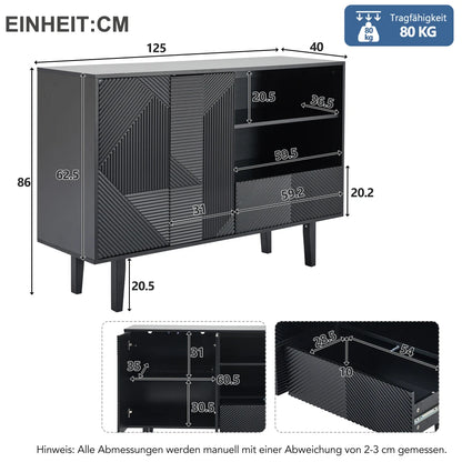 Sideboard – Opbergkast – Dressoir – Kast – Buffetkast – Mat Zwart – Verstelbare Planken – Draagvermogen 80 kg