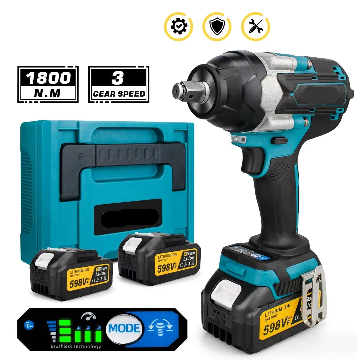 Slagmoersleutel - met Accu - Slagschroevendraaier - 1800Nm - Draadloze - Elektrische Schroevendraaier - Met LED - Boormachine - 18V - 1/2 Inch - 2 Batterij Plastic Doos