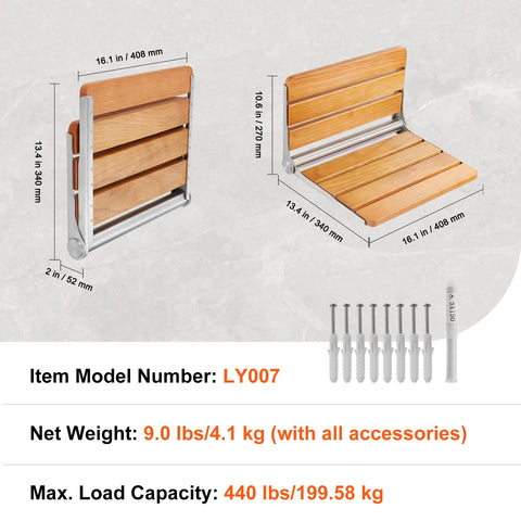 Douchekruk Inklapbaar - Opklapbare Douchestoel - Wandmontage - Opklapbare Douchebank - Ruimtebesparend - Douchestoel voor Zwangere Vrouwen - Eikenhouten Rugleuning 16in - Bruin