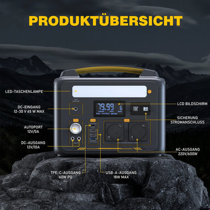 Powerstation - Stroomgenerator - Mini-Generator - Draagbare - Krachtcentrale - met 2 x 110W Zonnepaneel - AC Stopcontacten - LiFePO4 Batterij - voor Thuis - Tenten - Buiten - Kamperen - 299Wh - 600W - Zwart/Geel