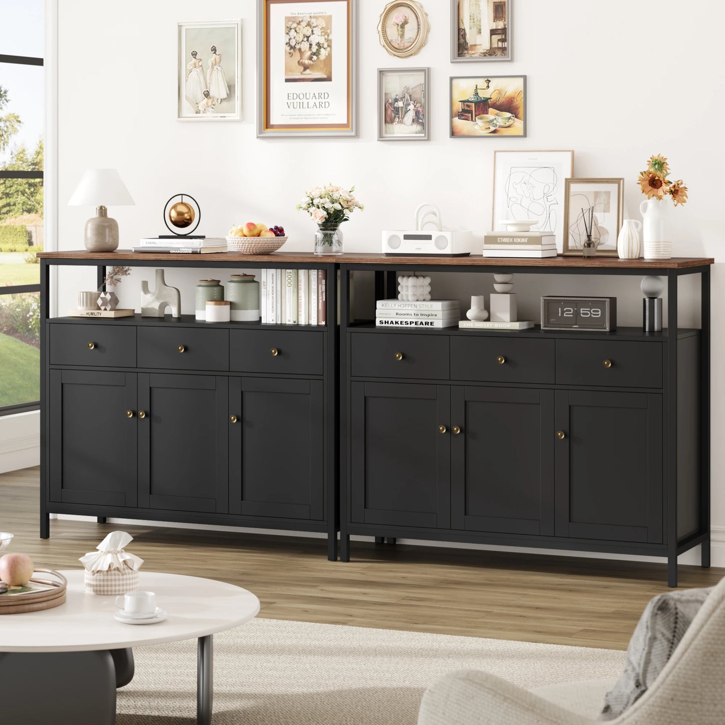 Zwarte Dressoir – Dressoir Kast – Opbergkast – Buffetkast – Sideboard – 108x38x98,5 cm – Stevig Houten Frame – Verstelbare Plank