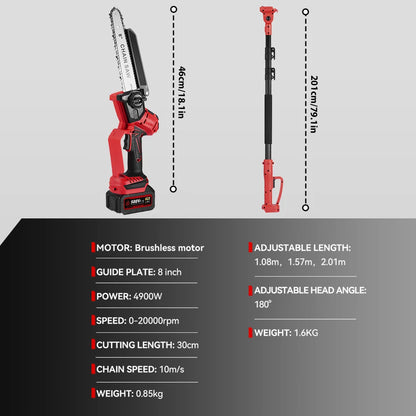 2-in-1 Telescopische Kettingzaag - Mini Kettingzaag - Accu Kettingzaag - Borstelloze Motor - met 2 x 18V Batterij - EU-oplader - 4900W - 8inch Geleidingsplaat - 30cm Snijbreedte - Rood