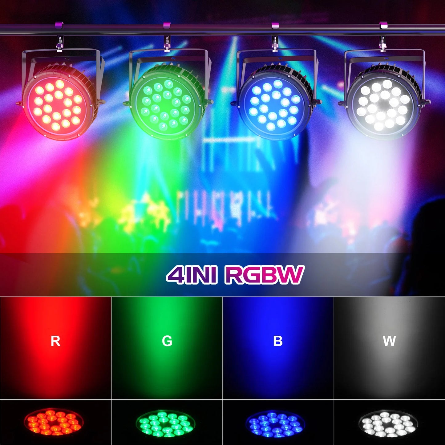 RGBW LED Par Light – RGB Parlamp – Podiumverlichting – DJ Licht – Showverlichting – IP65 Waterdicht Aluminium – 18x 10W LEDs met DMX512 en Master-Slave Functie – EU Plug 4PCS - QUORE