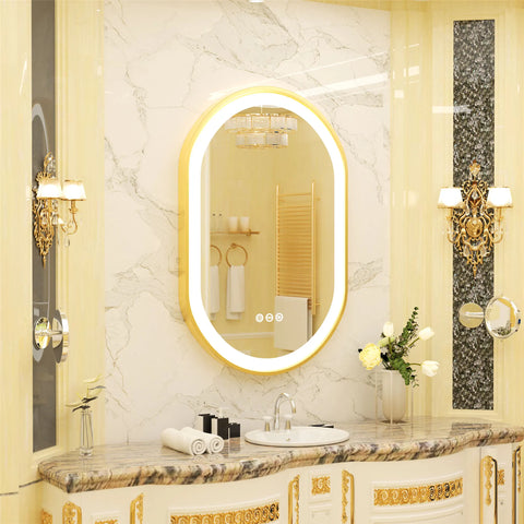 Badkamerspiegel - Badkamerspiegel met Verlichting - Gouden Frame - Stapsloze Dimbare Verlichting - Anti-Vorst & Geheugenfunctie - Wandgemonteerde - 50x80cm/20x32inch - Goud