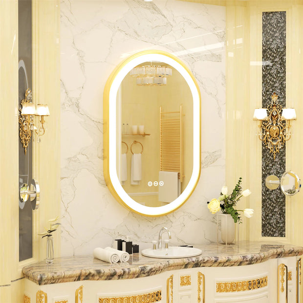 Bathroom Mirror - Bathroom Mirror with Light - Gold Frame - Stepless Dimmable Lighting - Anti-Frost &amp; Memory Function - Wall Mounted - 50x80cm/20x32inch - Gold