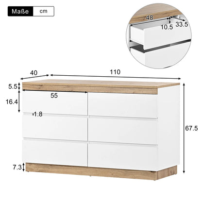 Kast – Ladekast – Opbergkast – Kast Met Laden – Minimalistisch Design – 6 Ruime Lades – E1 Spaanplaat Met Eikenlook - 110 x 40 x 67.5 cm - Wit - QUORE