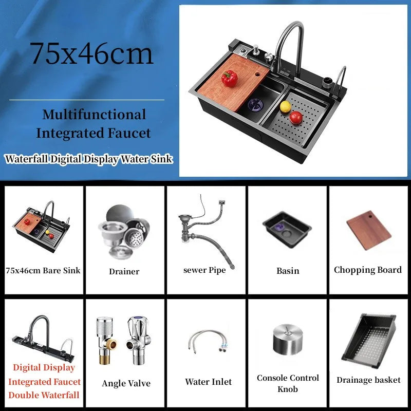 304 Stainless Steel Kitchen Sink Double Waterfall Single Slot Integrated Digital Display Faucet Set Soap dispenser Cup Washer - QUORE