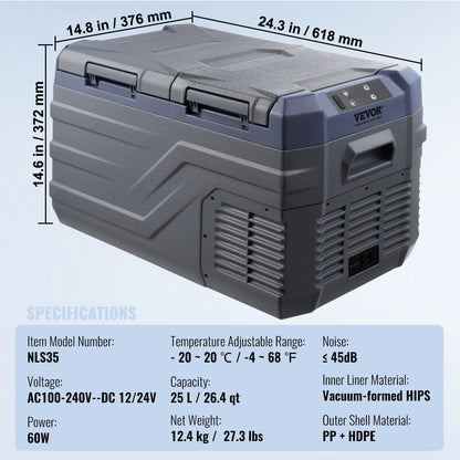 Draagbare Auto Koelkast – Mobiele Koelbox – Compressor Koelbox – Elektrische Koelbox – 25 Liter – Instelbare Temperatuur – 12/24V En 110/240V - NLS35 - QUORE