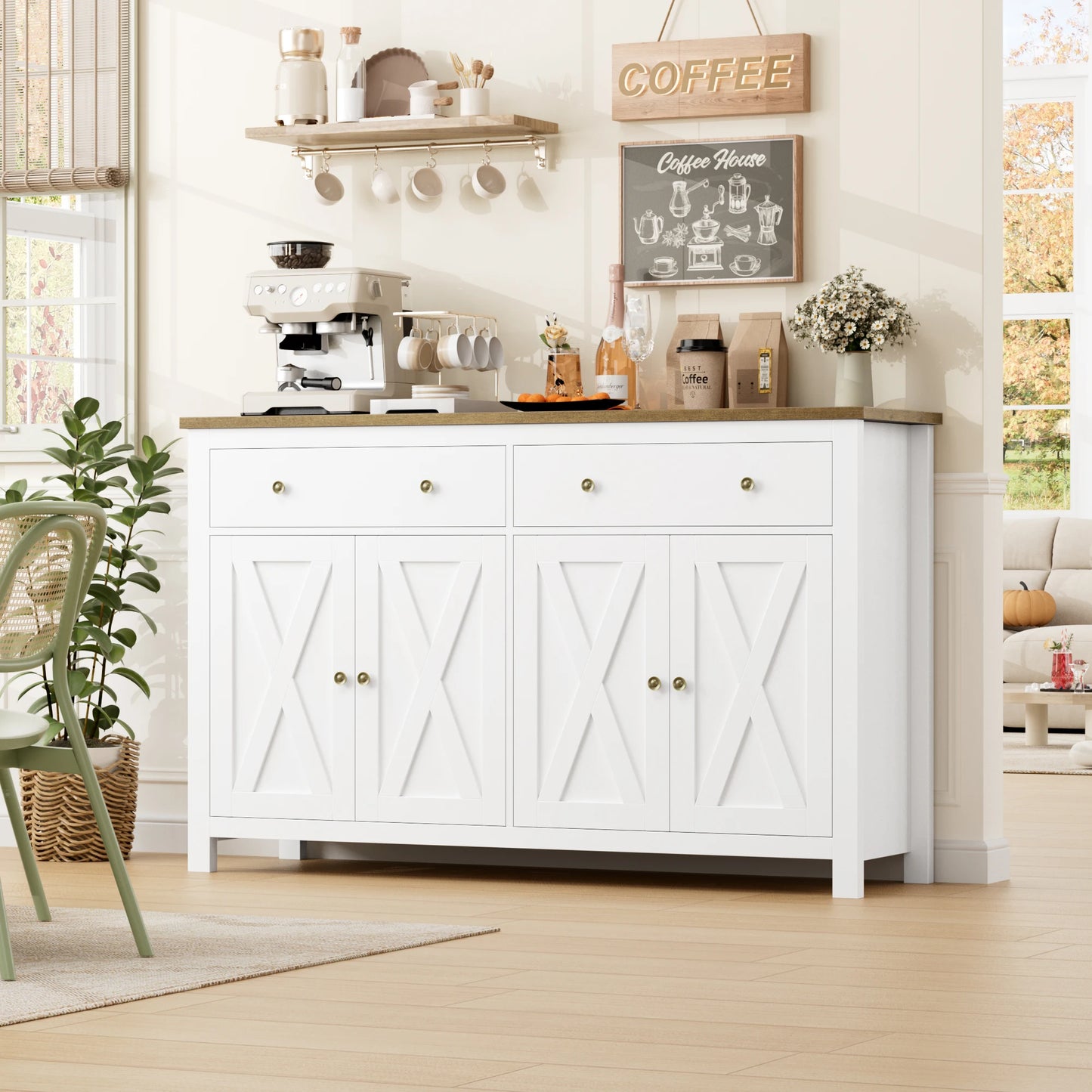 Sideboard – Dressoir – Opbergkast – Buffetkast – Witte Kastenmeubel – 140x40x89 cm – Eikenhouten Blad – Anti-Kantel Systeem