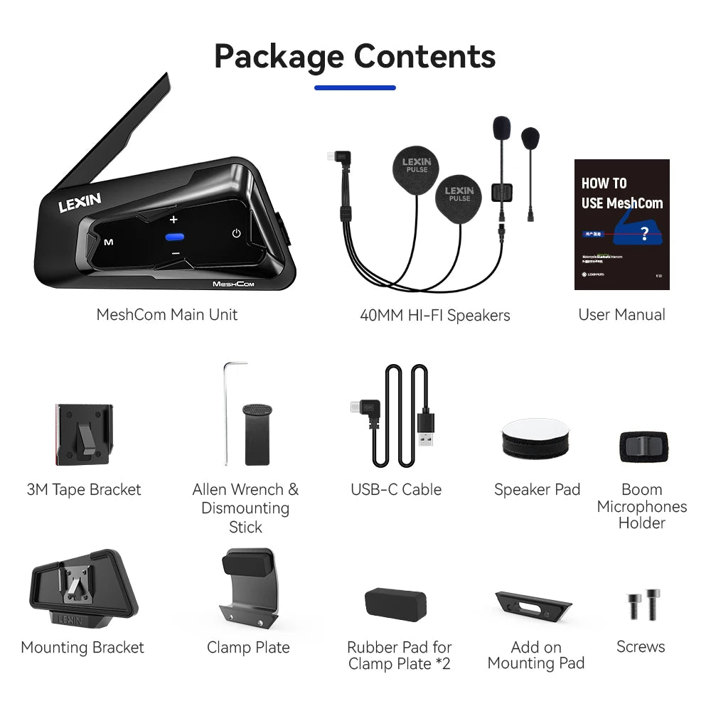 LEXIN-MeshCom Motorcycle MESH&Bluetooth Headset Intercom ,With Mesh Communication System, Parallel Audio- Intercom,24 Riders - QUORE