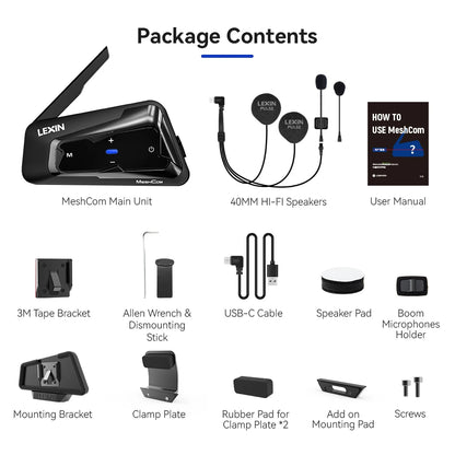 LEXIN-MeshCom Motorcycle MESH&Bluetooth Headset Intercom ,With Mesh Communication System, Parallel Audio- Intercom,24 Riders - QUORE