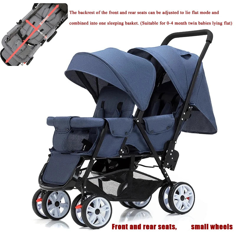 Dubbele Kinderwagen - Tweeling Kinderwagen - Duo Buggy - Duo kinderwagen - 2 Omvormbare Zitjes - en Reiswiegjes - Klein Wiel Blauw