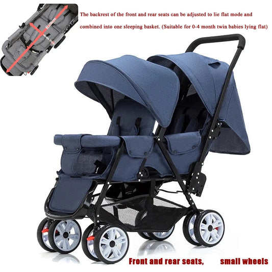 Dubbele Kinderwagen - Tweeling Kinderwagen - Duo Buggy - Duo kinderwagen - 2 Omvormbare Zitjes - en Reiswiegjes - Klein Wiel Blauw