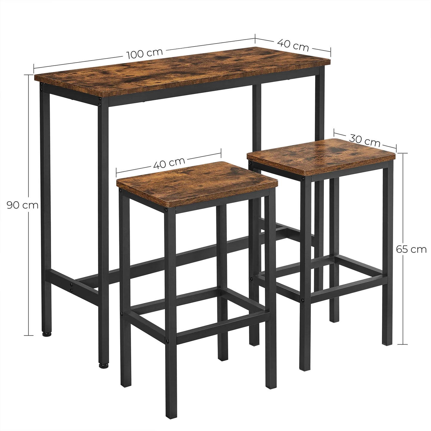 Bartafelset - Hoge Tafel - Metalen Frame -Industrieel Ontwerp - Voor Eetkamer - Woonkamer - Vintage Bruin - (100 x 40 x 90 cm) met 2 Barkrukken (elk 30 x 40 x 65 cm) - Zwart - QUORE