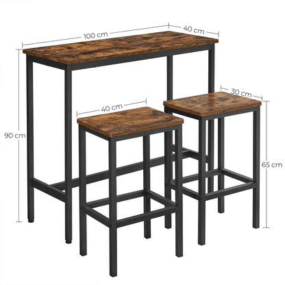 Bartafelset - Hoge Tafel - Metalen Frame -Industrieel Ontwerp - Voor Eetkamer - Woonkamer - Vintage Bruin - (100 x 40 x 90 cm) met 2 Barkrukken (elk 30 x 40 x 65 cm) - Zwart - QUORE
